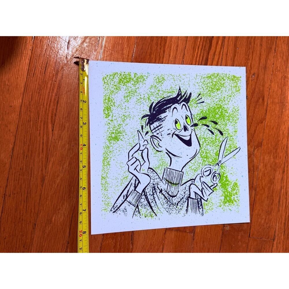 Artist Robin Banks-Green Cartoon Barber Art Print with Scissors and Comb - Picture 3 of 3